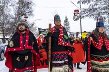 Wet’suwet’en hereditary chiefs, from left, Rob Alfred, John Ridsdale (Na'Moks) and Antoinette Austin, rally in support of the Wet’suwet’en Nation in Smithers, B.C., on Jan. 10, 2020.